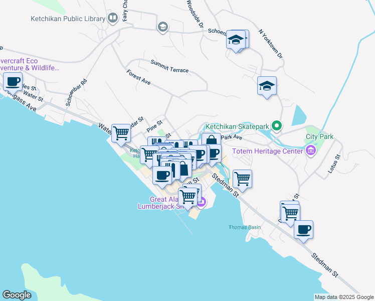 map of restaurants, bars, coffee shops, grocery stores, and more near 303 Bawden Street in Ketchikan