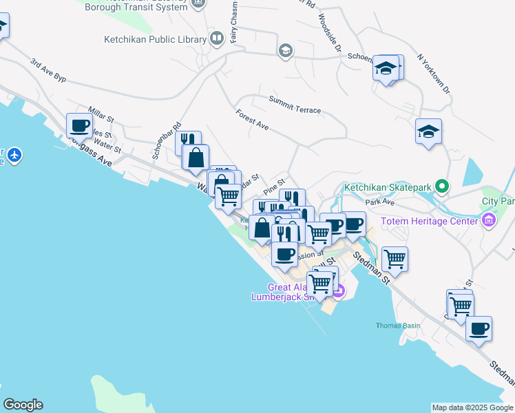 map of restaurants, bars, coffee shops, grocery stores, and more near 501 Main Street in Ketchikan