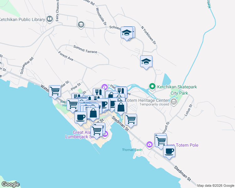 map of restaurants, bars, coffee shops, grocery stores, and more near 661 Park Avenue in Ketchikan