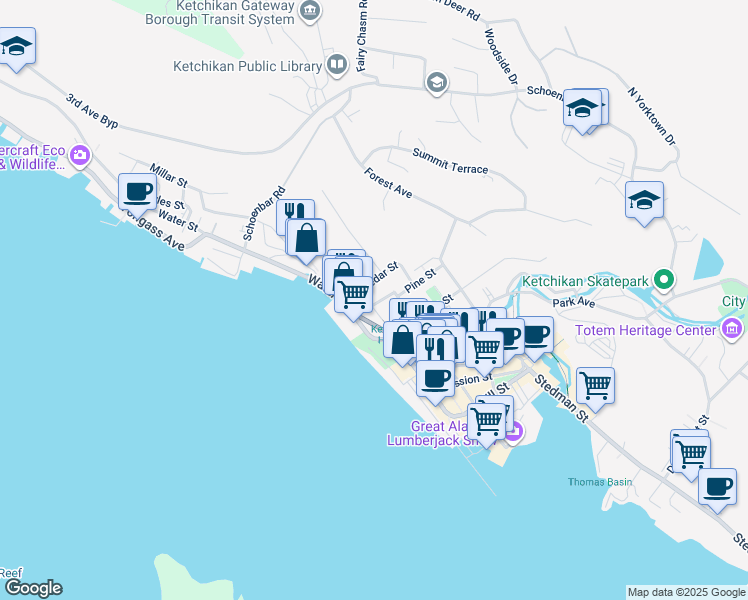 map of restaurants, bars, coffee shops, grocery stores, and more near 500 Front Street in Ketchikan