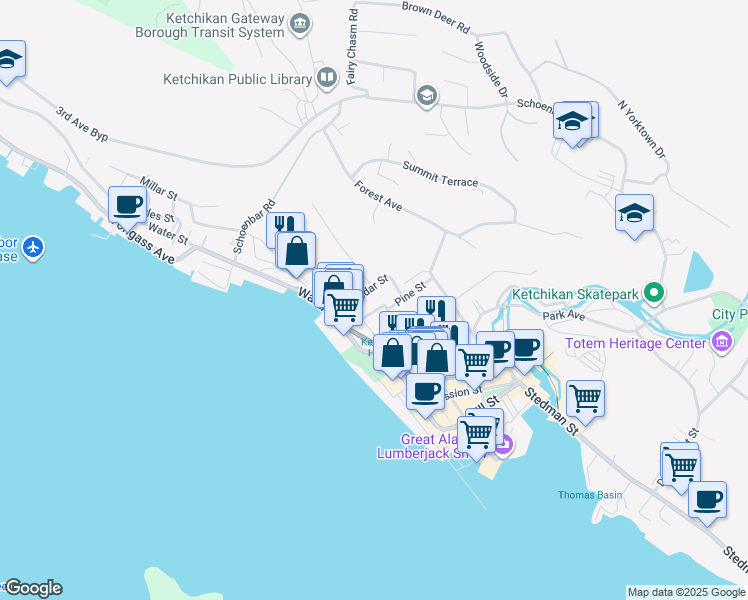 map of restaurants, bars, coffee shops, grocery stores, and more near 501 Main St in Ketchikan