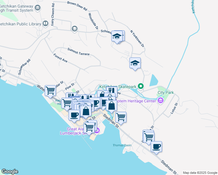 map of restaurants, bars, coffee shops, grocery stores, and more near 783/785 Harris Street in Ketchikan