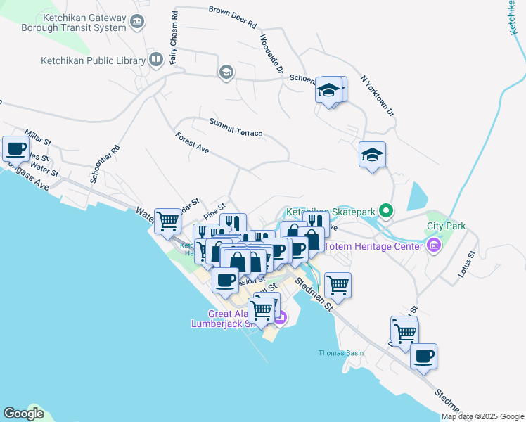 map of restaurants, bars, coffee shops, grocery stores, and more near 638 Grant Street in Ketchikan