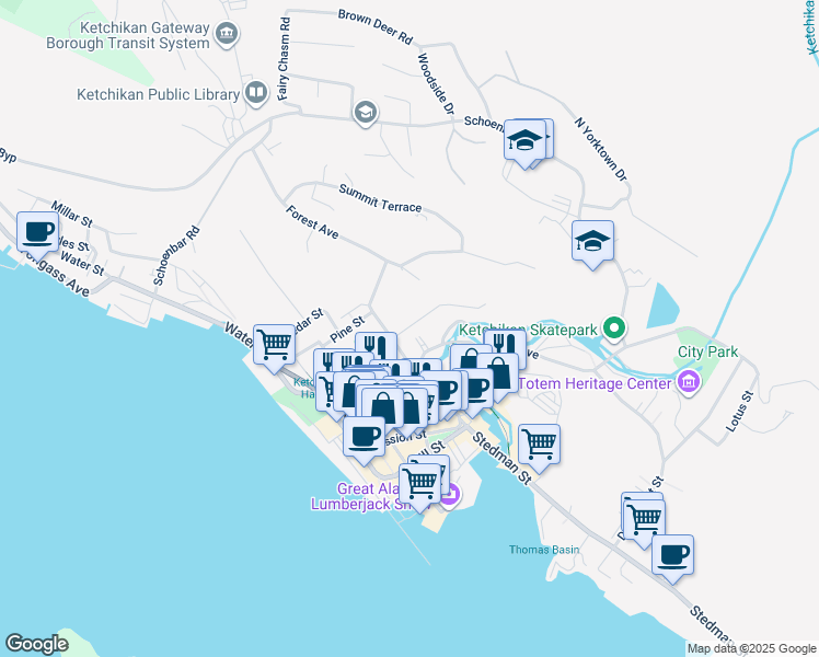map of restaurants, bars, coffee shops, grocery stores, and more near 638 Grant Street in Ketchikan