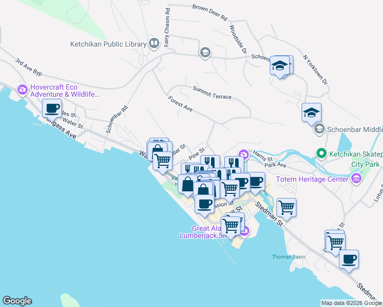 map of restaurants, bars, coffee shops, grocery stores, and more near 500 Pine Street in Ketchikan
