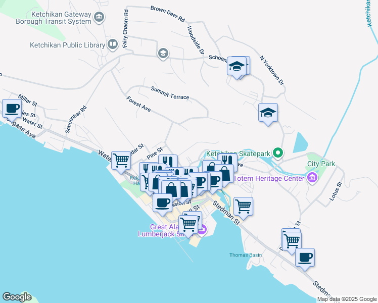 map of restaurants, bars, coffee shops, grocery stores, and more near 638 Grant Street in Ketchikan