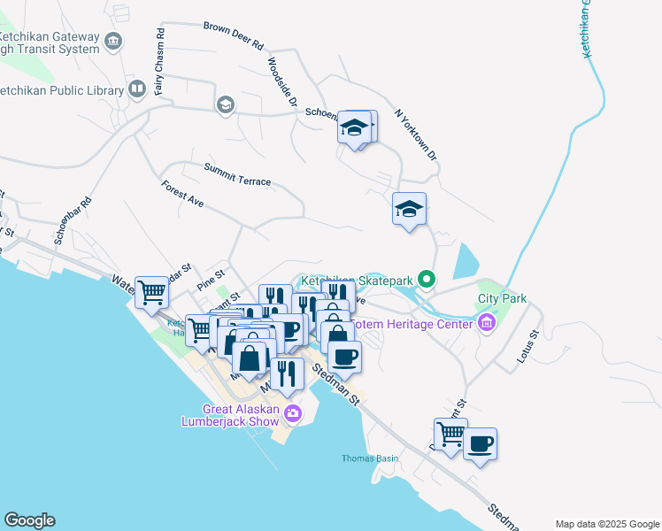 map of restaurants, bars, coffee shops, grocery stores, and more near 783/785 Harris Street in Ketchikan