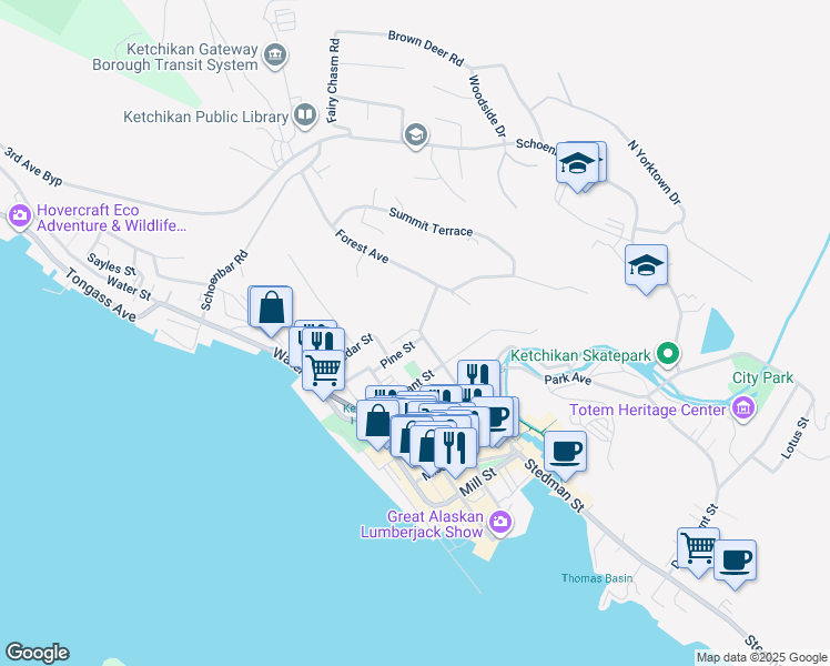 map of restaurants, bars, coffee shops, grocery stores, and more near 541 Pine Street in Ketchikan
