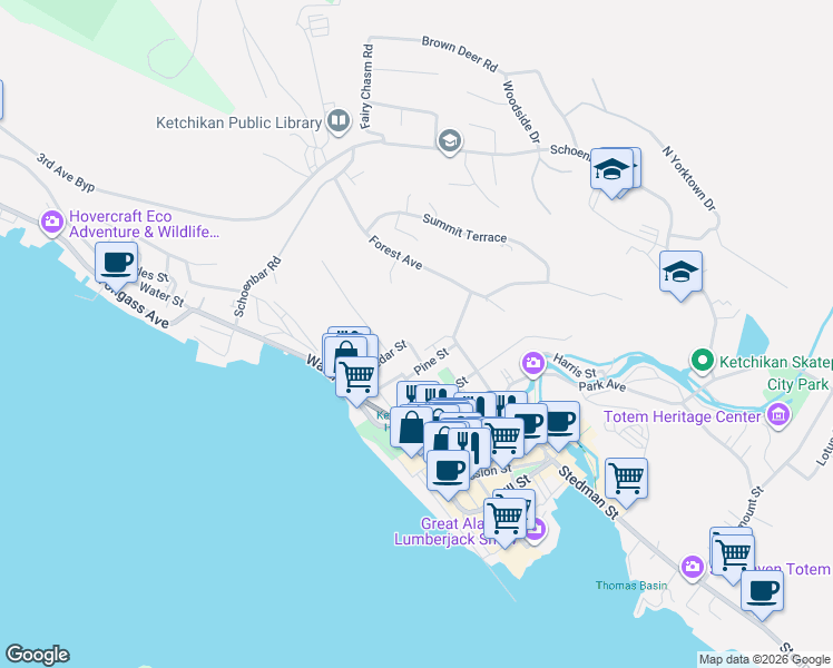 map of restaurants, bars, coffee shops, grocery stores, and more near 500 Pine Street in Ketchikan