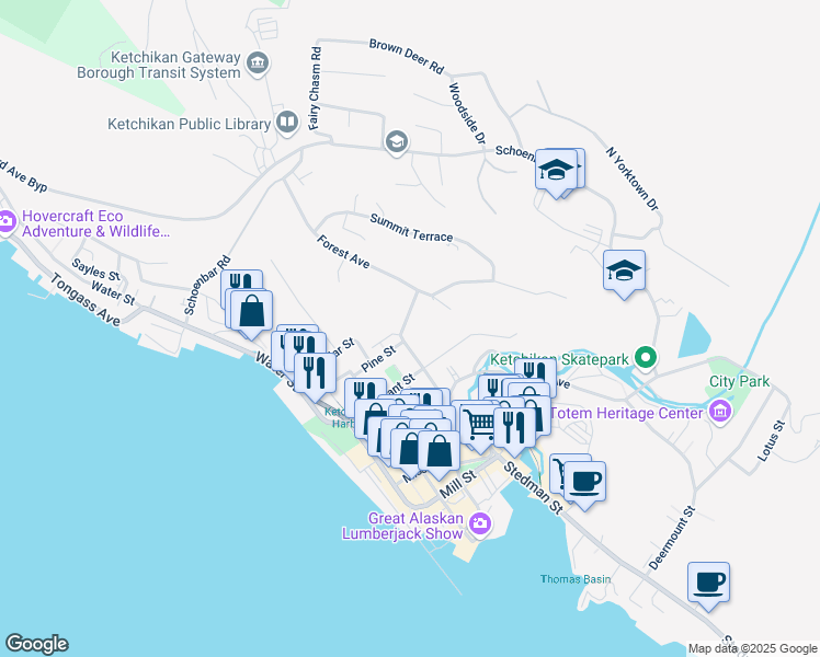 map of restaurants, bars, coffee shops, grocery stores, and more near 629 Pine St in Ketchikan