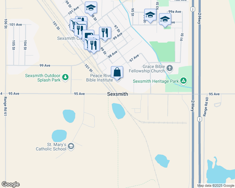 map of restaurants, bars, coffee shops, grocery stores, and more near in Sexsmith