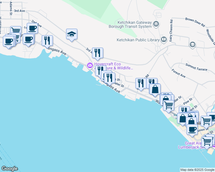 map of restaurants, bars, coffee shops, grocery stores, and more near 1243/1245 Tongass Ave in Ketchikan