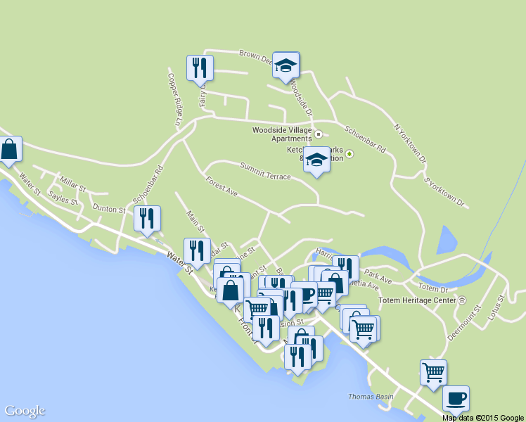 map of restaurants, bars, coffee shops, grocery stores, and more near 629 Pine St in Ketchikan