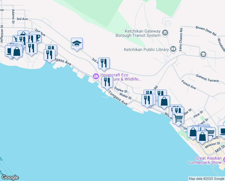 map of restaurants, bars, coffee shops, grocery stores, and more near 1243/1245 Tongass Ave in Ketchikan