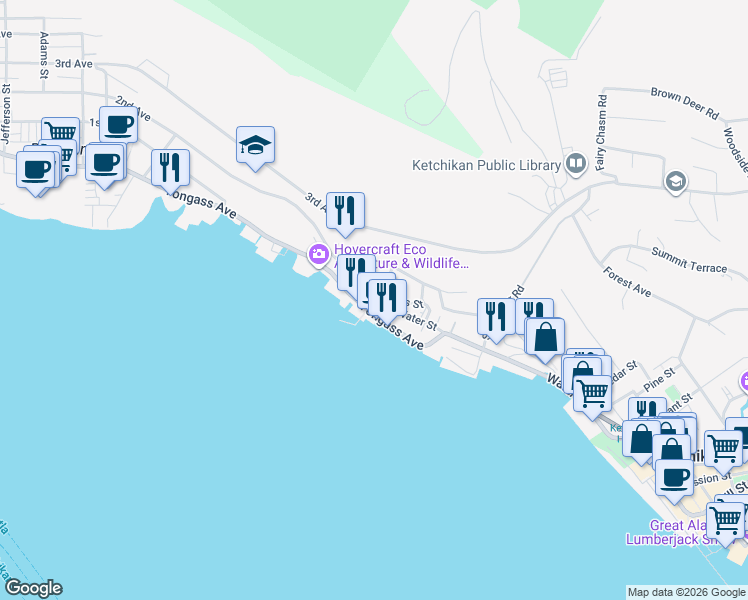 map of restaurants, bars, coffee shops, grocery stores, and more near 1243/1245 Tongass Ave in Ketchikan