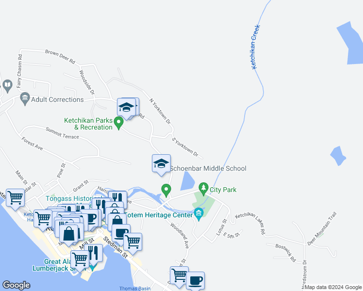map of restaurants, bars, coffee shops, grocery stores, and more near 641 South Yorktown Drive in Ketchikan