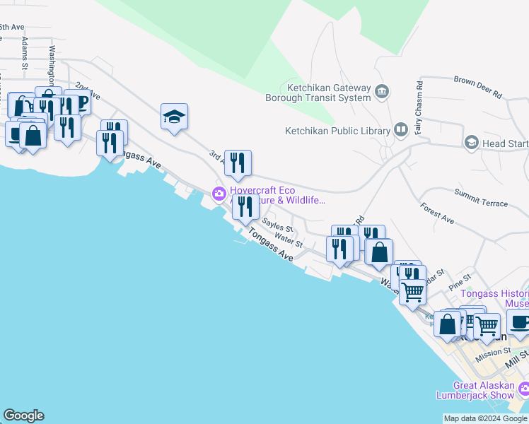 map of restaurants, bars, coffee shops, grocery stores, and more near 309 Gorge Street in Ketchikan