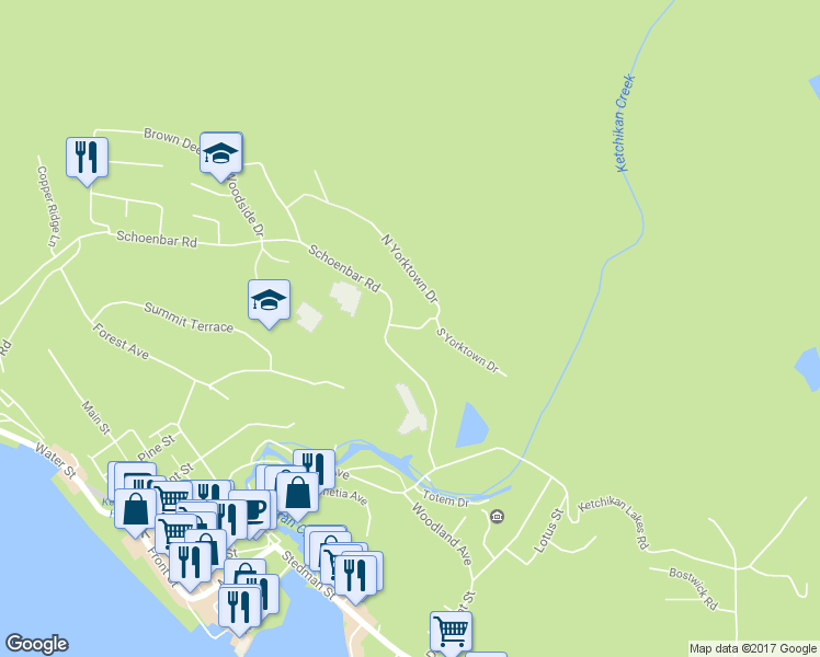 map of restaurants, bars, coffee shops, grocery stores, and more near Valley Forge in Ketchikan