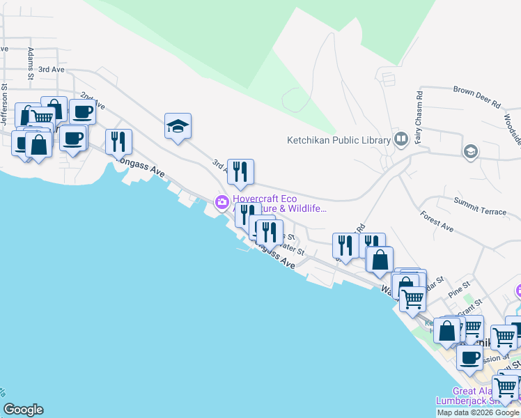 map of restaurants, bars, coffee shops, grocery stores, and more near 310 Parnell Street in Ketchikan