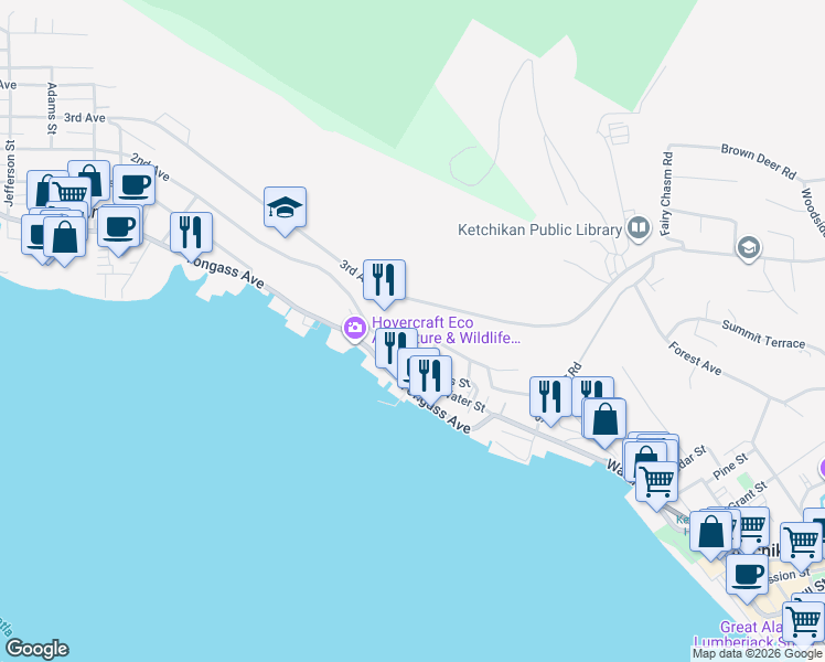map of restaurants, bars, coffee shops, grocery stores, and more near 310 Parnell Street in Ketchikan