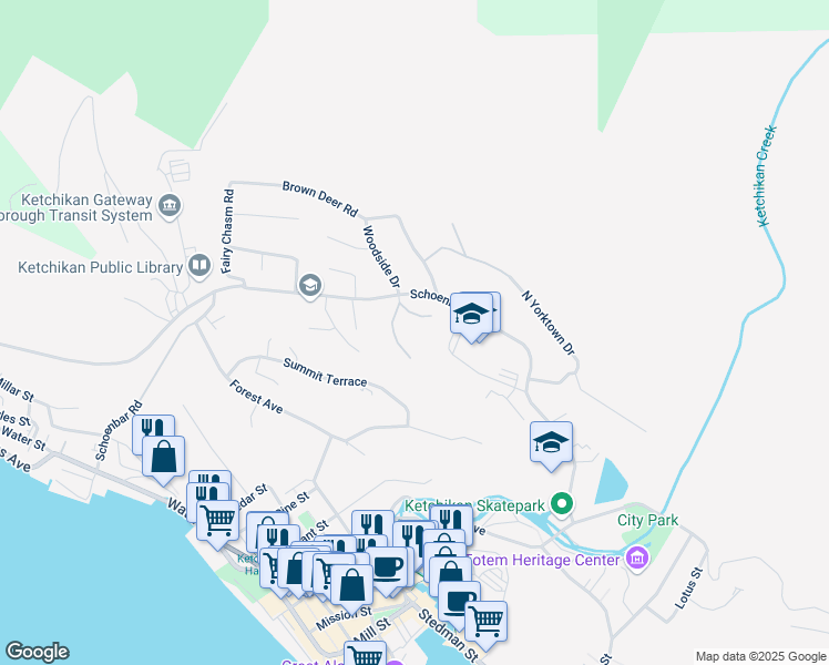 map of restaurants, bars, coffee shops, grocery stores, and more near in Ketchikan