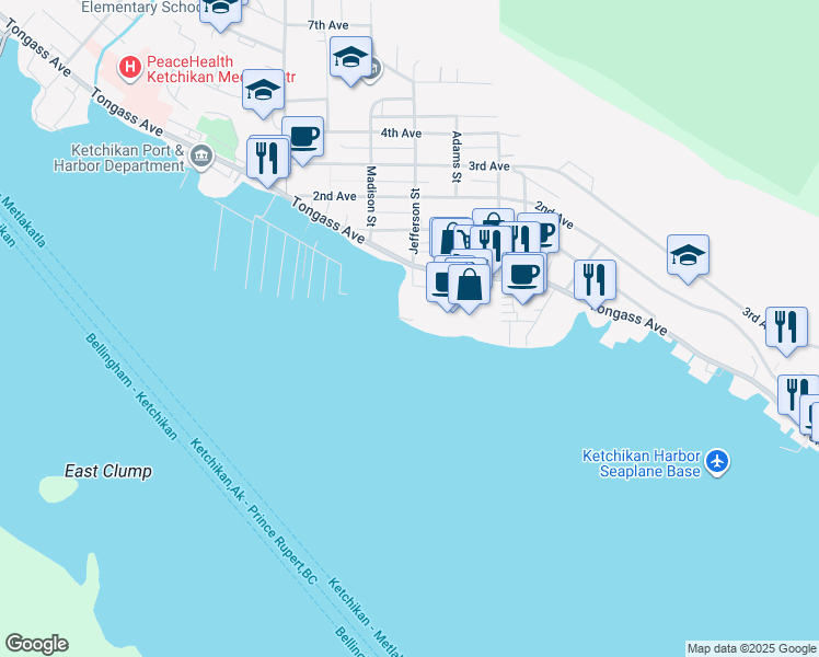 map of restaurants, bars, coffee shops, grocery stores, and more near 2491 Jefferson Way in Ketchikan