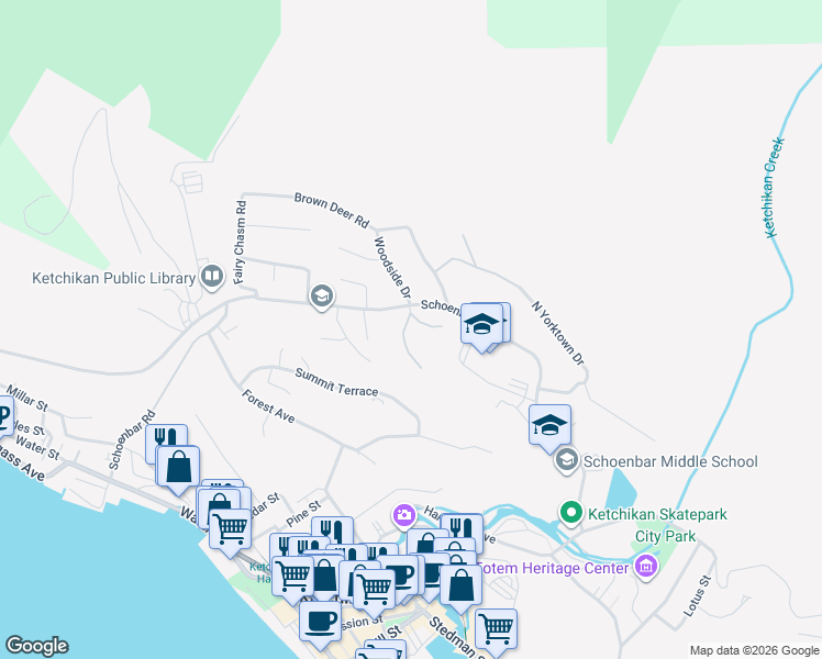 map of restaurants, bars, coffee shops, grocery stores, and more near 1200 Woodside Drive in Ketchikan