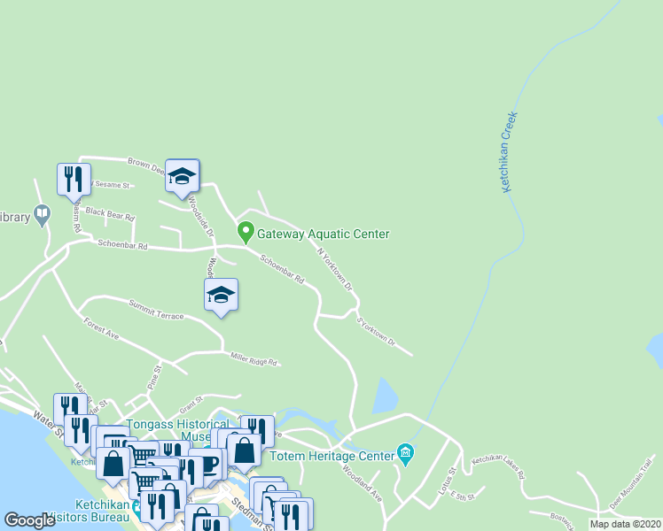 map of restaurants, bars, coffee shops, grocery stores, and more near 515 North Yorktown Drive in Ketchikan