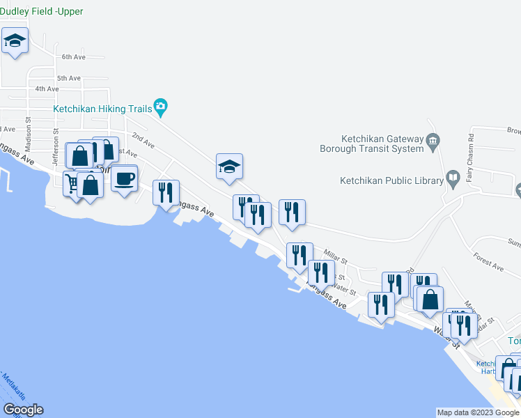 map of restaurants, bars, coffee shops, grocery stores, and more near 1626 Water Street in Ketchikan