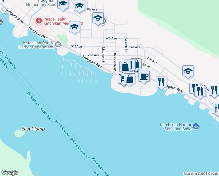 map of restaurants, bars, coffee shops, grocery stores, and more near 2491 Jefferson Way in Ketchikan