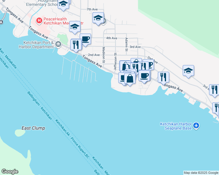 map of restaurants, bars, coffee shops, grocery stores, and more near 2491 Jefferson Way in Ketchikan