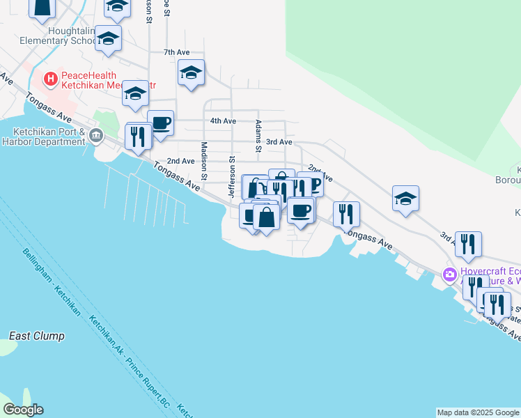 map of restaurants, bars, coffee shops, grocery stores, and more near 240 Adams Street in Ketchikan