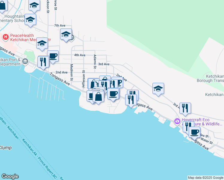 map of restaurants, bars, coffee shops, grocery stores, and more near 2200 Tongass Avenue in Ketchikan