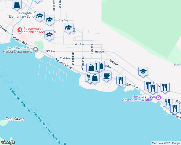 map of restaurants, bars, coffee shops, grocery stores, and more near 2444 Hemlock Avenue in Ketchikan