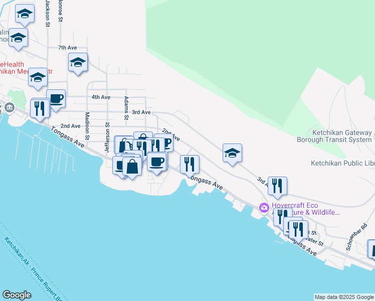 map of restaurants, bars, coffee shops, grocery stores, and more near 225 White Cliff Ave in Ketchikan