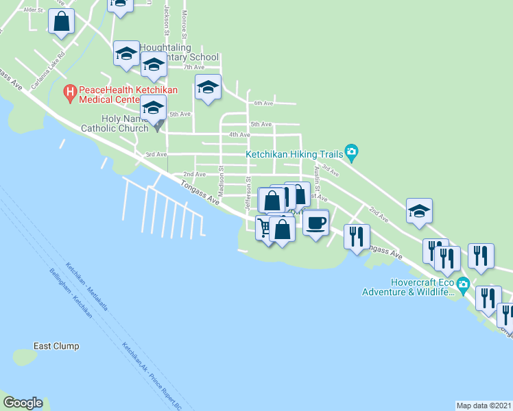 map of restaurants, bars, coffee shops, grocery stores, and more near 2444 Hemlock Avenue in Ketchikan