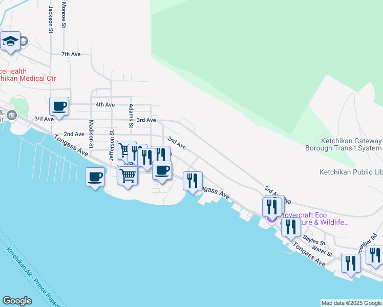 map of restaurants, bars, coffee shops, grocery stores, and more near 225 White Cliff Ave in Ketchikan