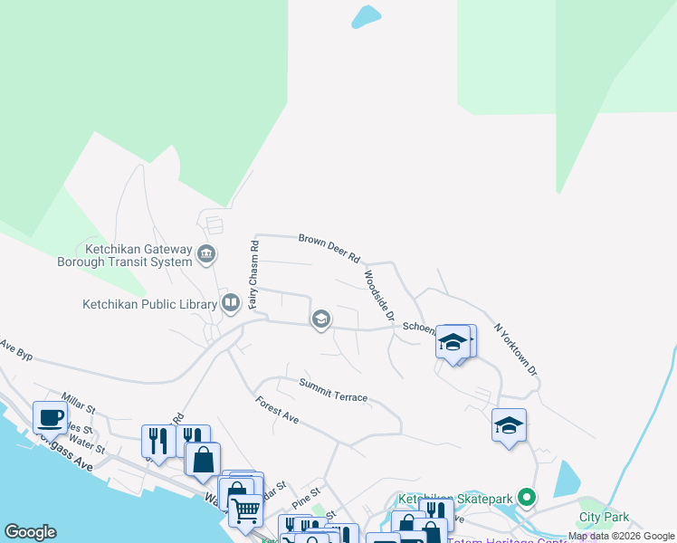 map of restaurants, bars, coffee shops, grocery stores, and more near 852 East Sesame Street in Ketchikan