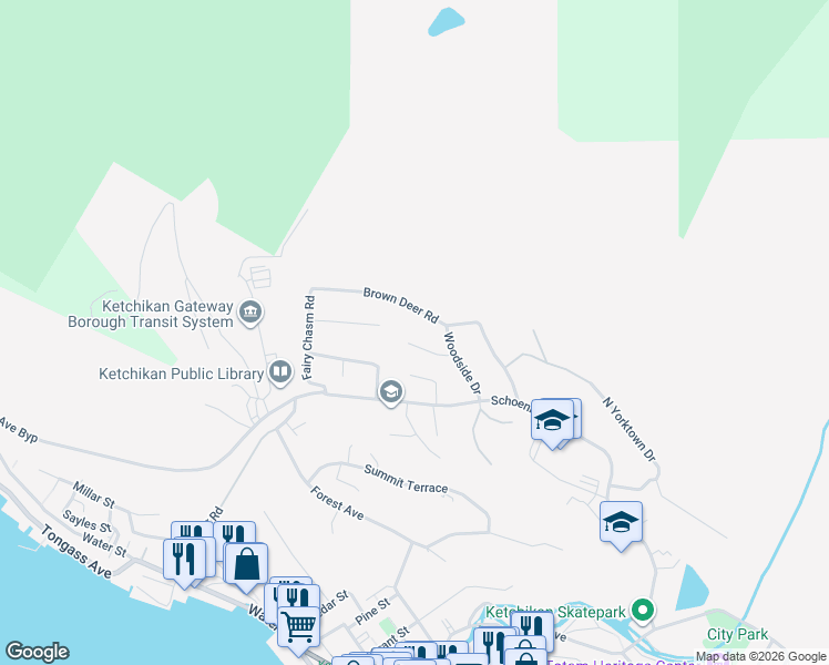 map of restaurants, bars, coffee shops, grocery stores, and more near 852-854 East Sesame Street in Ketchikan