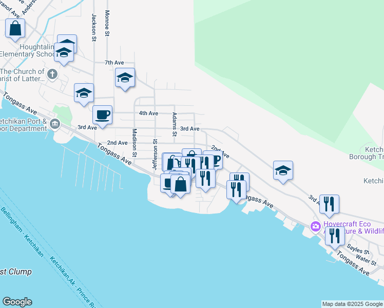 map of restaurants, bars, coffee shops, grocery stores, and more near 240 Adams Street in Ketchikan