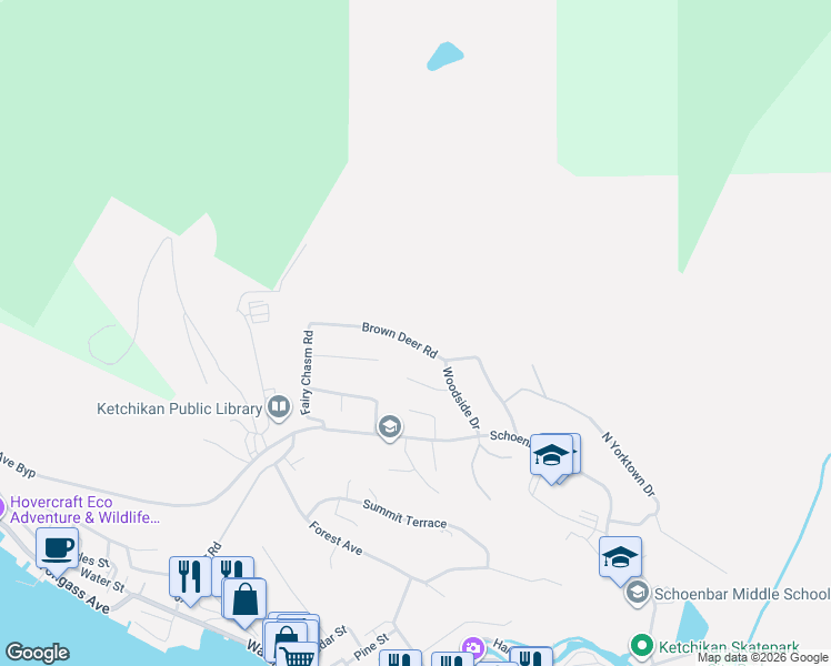 map of restaurants, bars, coffee shops, grocery stores, and more near 874 Brown Deer Road in Ketchikan