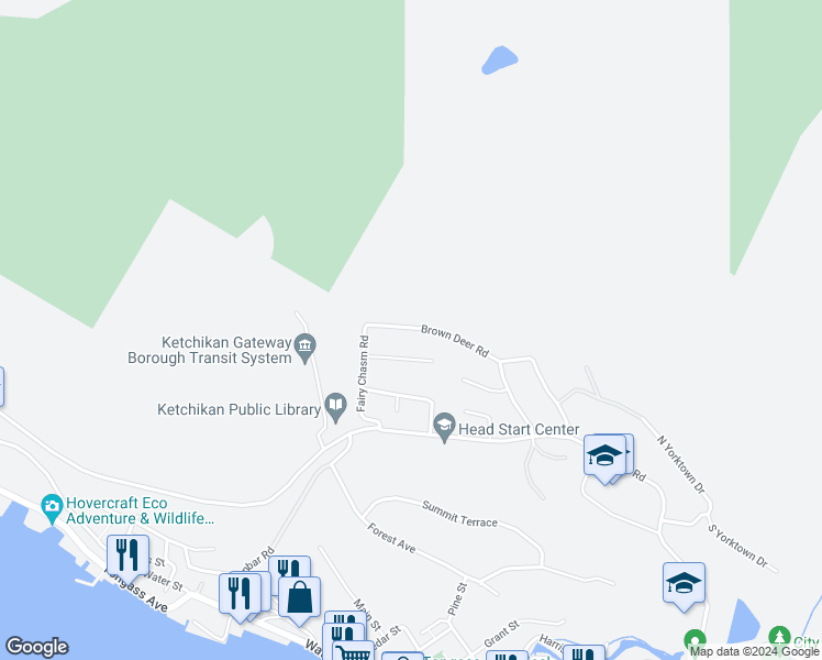 map of restaurants, bars, coffee shops, grocery stores, and more near 909 Brown Deer Road in Ketchikan