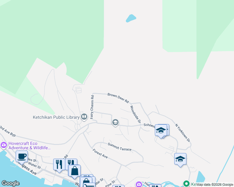 map of restaurants, bars, coffee shops, grocery stores, and more near 874 Brown Deer Road in Ketchikan