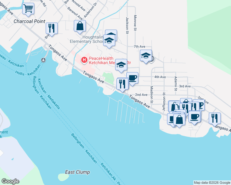 map of restaurants, bars, coffee shops, grocery stores, and more near 2847 Tongass Avenue in Ketchikan
