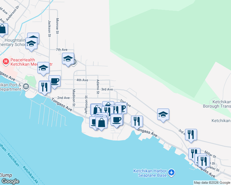 map of restaurants, bars, coffee shops, grocery stores, and more near 309 Austin Street in Ketchikan