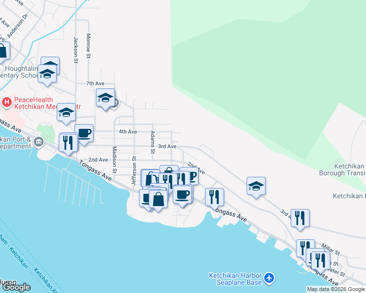 map of restaurants, bars, coffee shops, grocery stores, and more near 309 Austin Street in Ketchikan