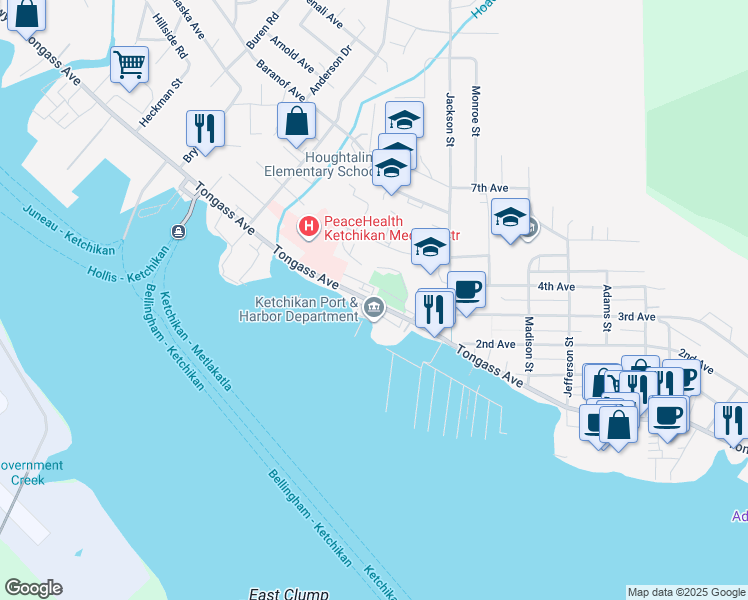 map of restaurants, bars, coffee shops, grocery stores, and more near 3031 Tongass Avenue in Ketchikan