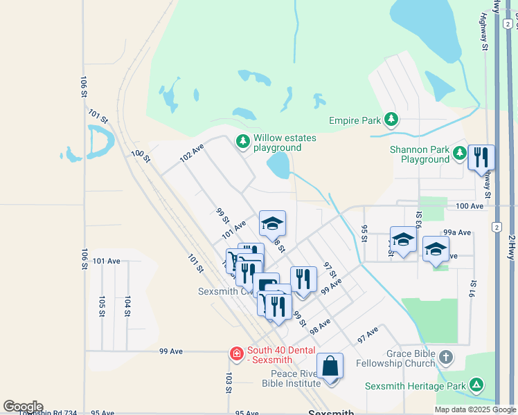 map of restaurants, bars, coffee shops, grocery stores, and more near 10124 98A Street in Sexsmith