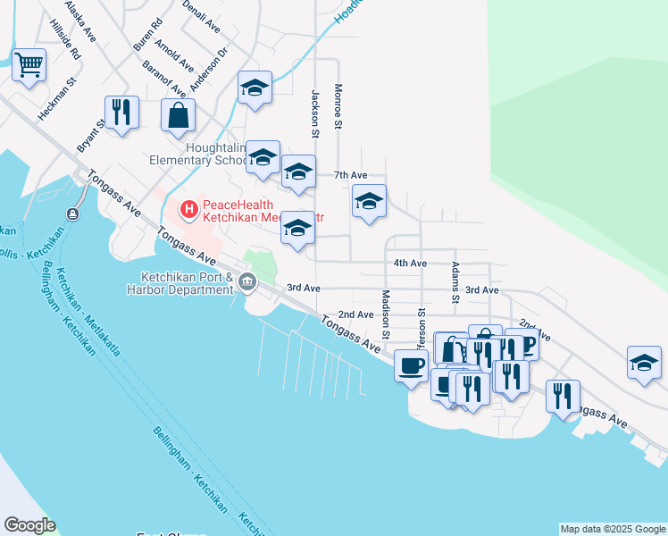 map of restaurants, bars, coffee shops, grocery stores, and more near 525 Monroe Street in Ketchikan