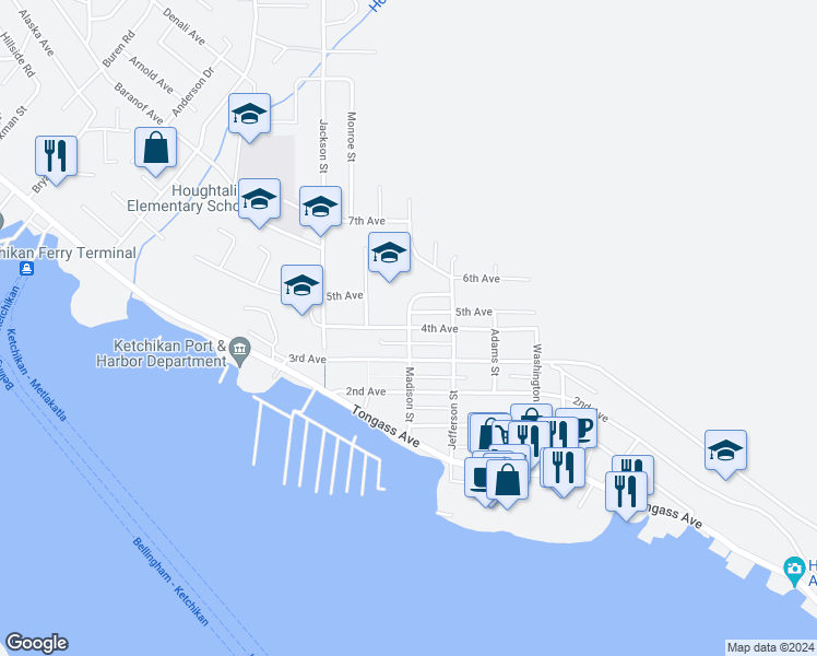 map of restaurants, bars, coffee shops, grocery stores, and more near 2600 4th Avenue in Ketchikan